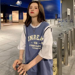 T-shirts Women Fake-two Letter All-match Summer Harajuku Half-sleeve Loose Tee-Tops College All-Match Casual Fashion Футболка