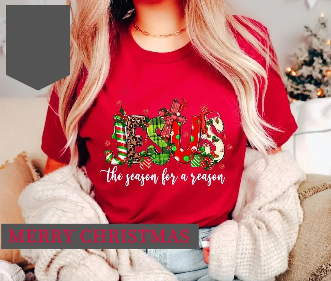 Jezus is God Vrouw Kerst Rood T-shirt Nieuwjaar Kerstmis Geheugen van Jezus Christus Hoge kwaliteit katoen bedrukt T-shirt Party Tops