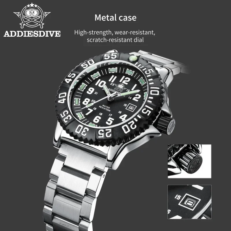 ADDIESDIVE Menâs Quartz Watch Water Resistant Luminous Analog Wristwatch Stainless Steel Calendar Sports Watches reloj hombre