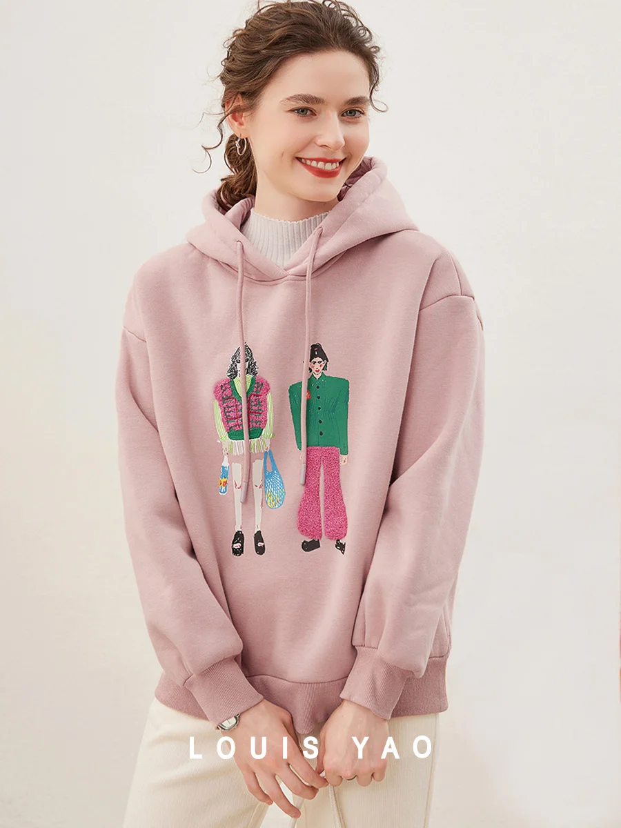 LOUIS YAO 2024 Winter Collection with Velvet Thickened Hoodie Women's Hoodie Cartoon Character Pattern Long Sleeve Top