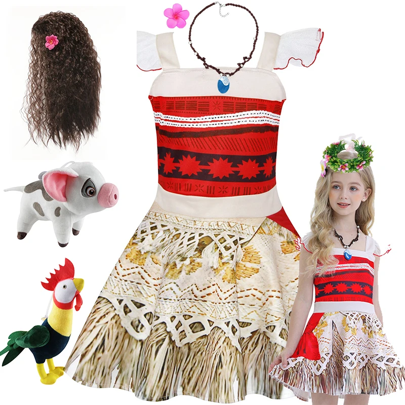 

Disney Summer Moana Casual Dresses Girls Cosplay Costume Girl Princess Fancy Clothes Children Vaiana Princess Dress Necklace Wig