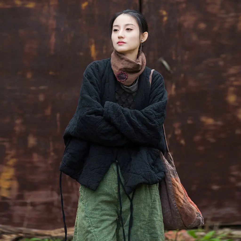 

Winter Cotton Linen Quilted Jacket for Women Warm Casual Zen Style Artistic Short Coat New Women's Fashion