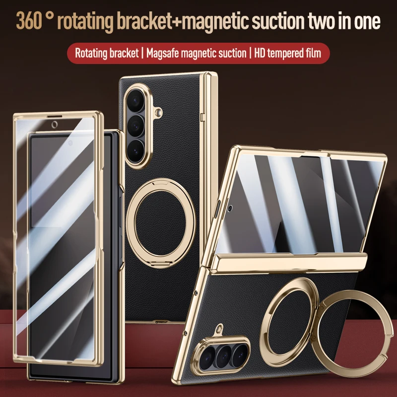 

Чехол для Samsung Galaxy Z Fold 7, роскошный кожаный + шарнирный складной чехол для ПК с магнитным кольцом-держателем, подставка с HD Privacy Glass