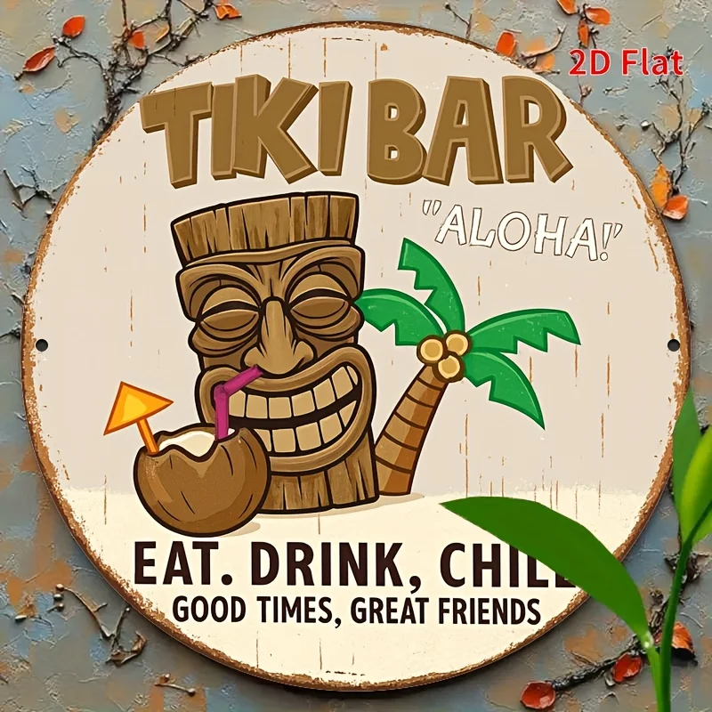 1pc Vintage Hawaiian Tiki Bar Decor Sign - Tropical Polynesian Tiki Face & Tiki Mask Design with Eat, Drink, Chill - Beige & Bro