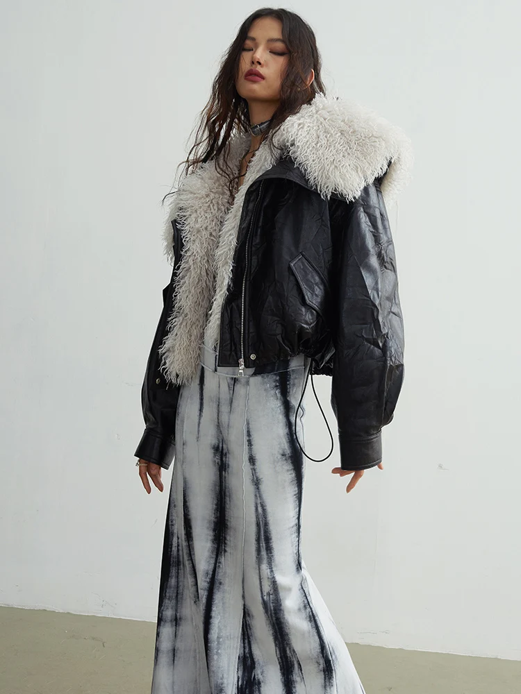 [EAM] Black Big Size PU Leather Jacket New Removable Fur Collar Long Sleeve Women Coat Fashion Tide Spring Autumn 2026 1DH2121