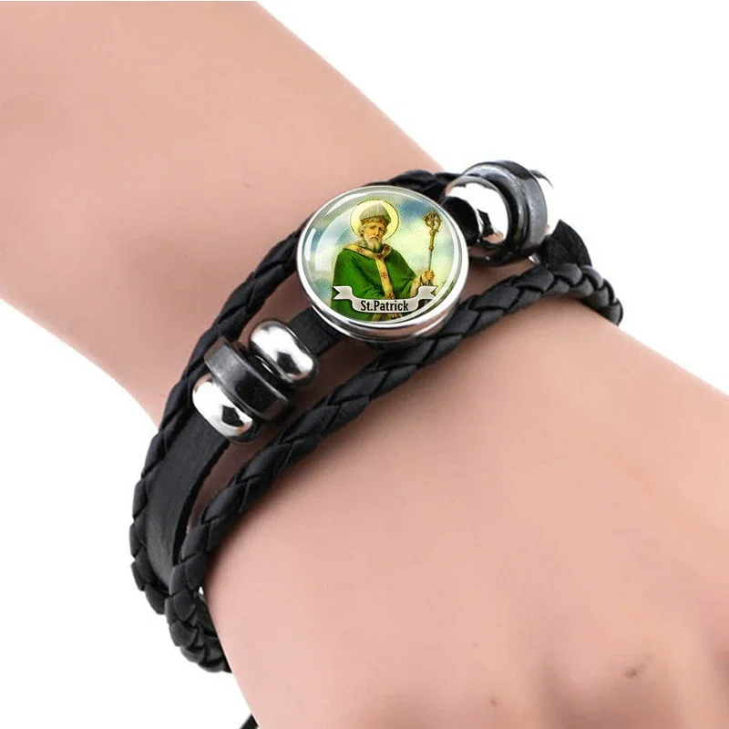 Saint Patrick Black Leather Braided Bracelet Christ and Jesus Bracelet Christian Jewelry St.Patrick's Day Gift