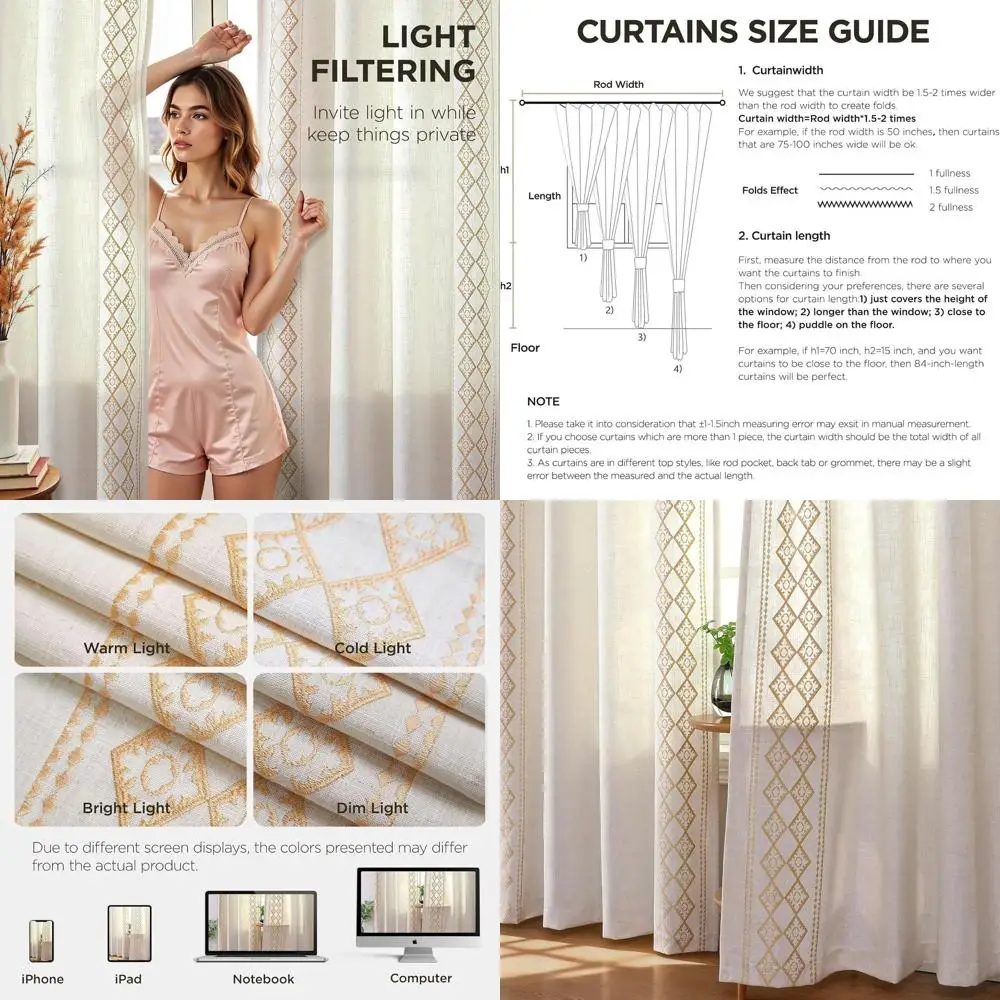 

Вышитые льняные шторы (63 дюйма), комплект из 2 панелей для гостиной/спальни, светопропускающие, с креплением на кулиске и карманом для карниза