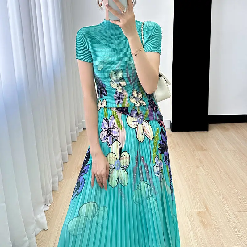 Vintage Two-piece Set Middle Ages Floral Print Pleated Short Sleeves Tops Long Skirts Women Design Chic Outfits Summer Skirt Set