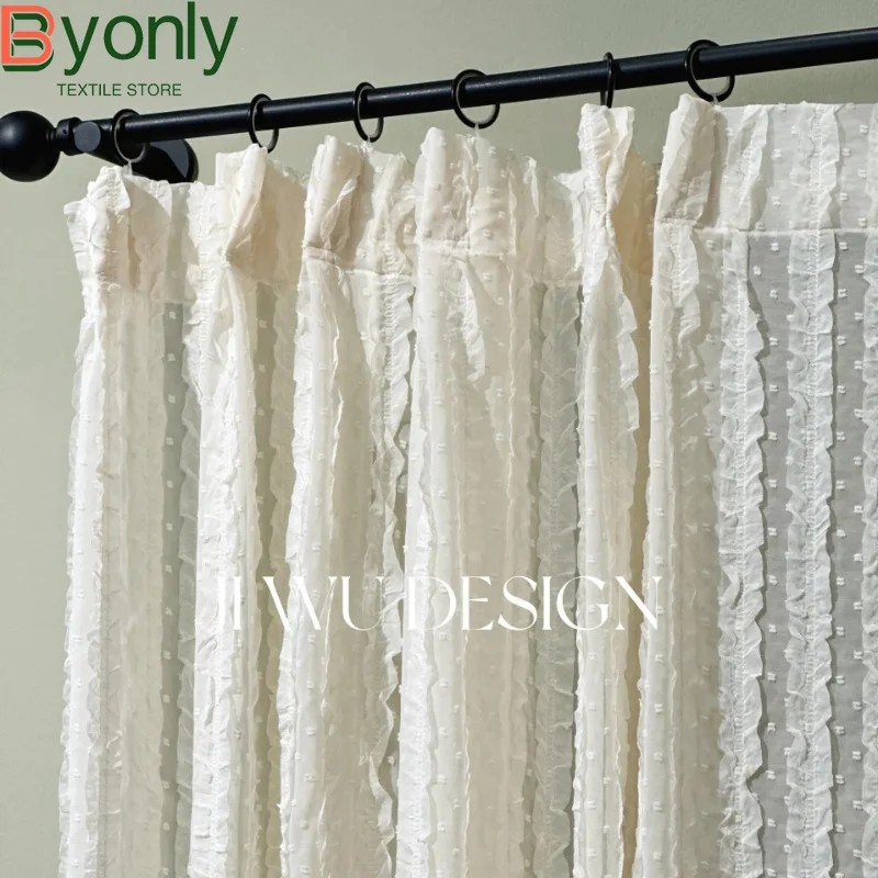 French Cream Puff Beige Pleated Lace Window Screen Multi-layer Screen Living Room Bedroom French Window Balcony Customized