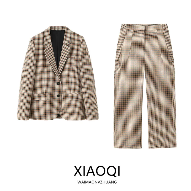 

Осень 2024, новый женский модный клетчатый костюм прямого кроя, джемпер и длинные брюки, одинаковый комплект со средней талией, универсальный повседневный деловой костюм