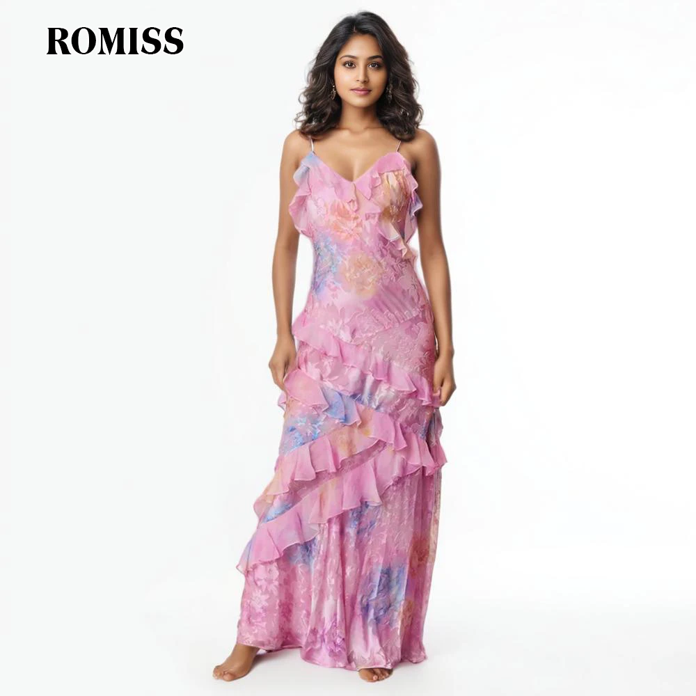 

ROMISS Sexy Backless Camisole Dresses For Women Square Collar Sleeveless Patchwork Ruffles Print Long Dress Female Designer New