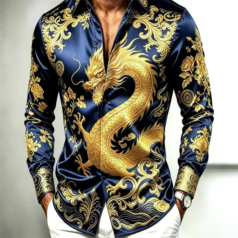 Men Luxury Golden Dragon Floral Print Satin Shirt Long Sleeve Lapel Button‑Up Blouse Fashion Party Streetwear Male Tops