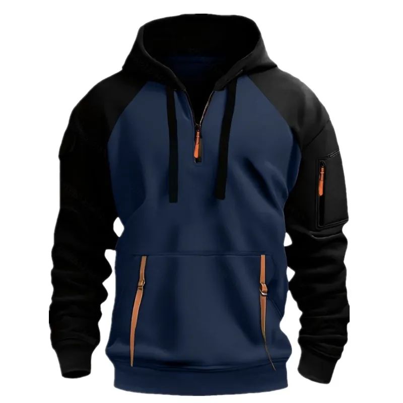 2025 الخريف/الشتاء الرجال هوديي اللون منعت هوديي سستة متعددة جيب هوديي مع إدراج الكتف كم معطف رياضي غير رسمي