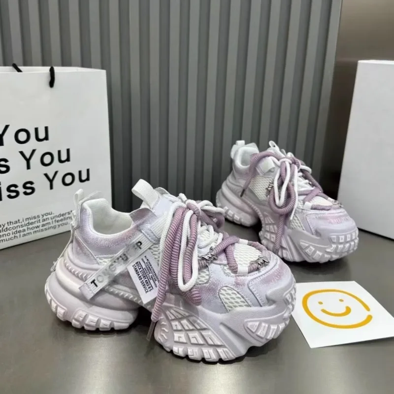 Women's chunky-soled platform sneakers with straps and heavy-duty rivets, casual sports shoes, 6cm high women's shoes
