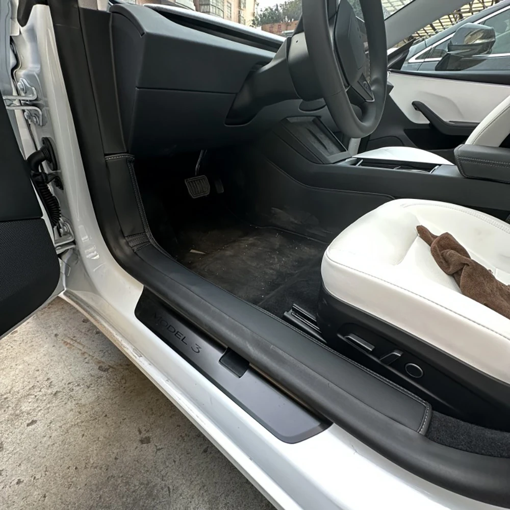 [ 2024 ] For Tesla New Model 3 Highland Front Rear Door Sill Pad Door Welcome Pedal Threshold Strip  Leather Accessories