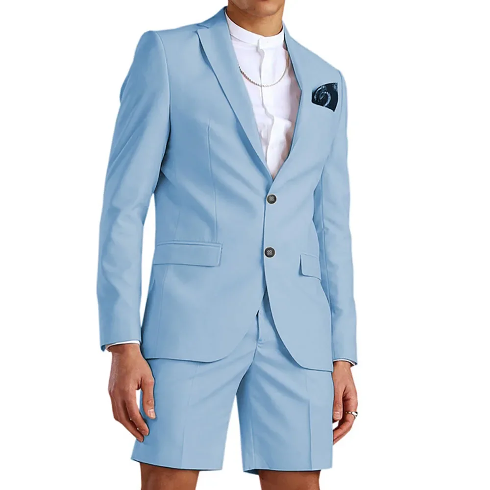 

Casual Summer Light Blue Men's Suit Short Pant Suits 2 Piece Tuxedo Groom Beach Wedding Dress Costume Homme Mariage(Blazer+Pant)