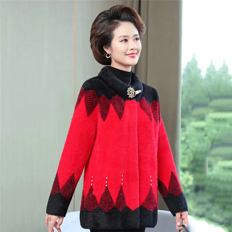 Fashion Faux Mink Fleece Outerwear Autumn Winter Women's Woolen CoatMiddle-Aged Elderly Mothers Mid-Length Casual Jacket Tops