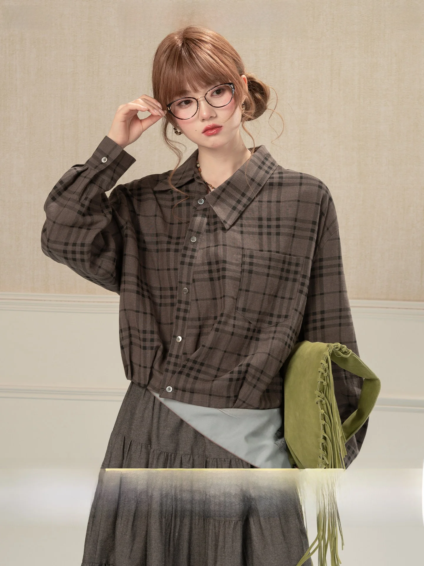 

Heynew American Retro College Style Long Sleeve Plaid Shirt Women Spring High Sensation Loose Age Reduction Belly Cover Top