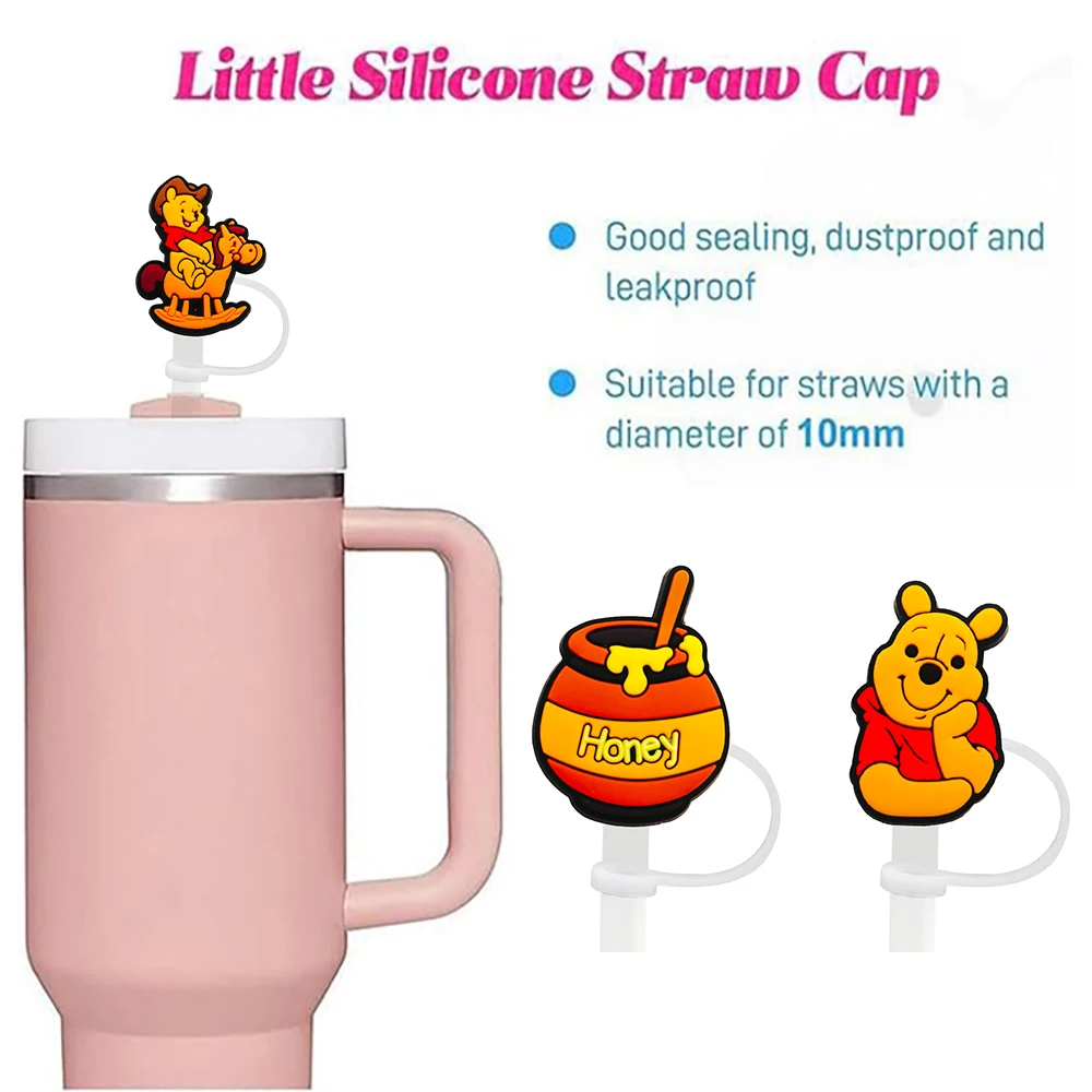 Niedliche Silikon-Strohhalm-Abdeckungen mit Winnie-Puuh-Motiv für 10-mm-Strohhalme, Strohhalmkappen für Glasbecher, passend für 30- und 40-Unzen-Becher mit Henkel, staubdicht, wiederverwendbar. – Detail 6