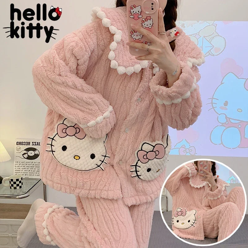 Hello Kitty Women Pajamas Winter Warm Flannel Nightwear Thickening Warm Long Sleeve Sleepwear Female Home Wear Pijamas Clothes