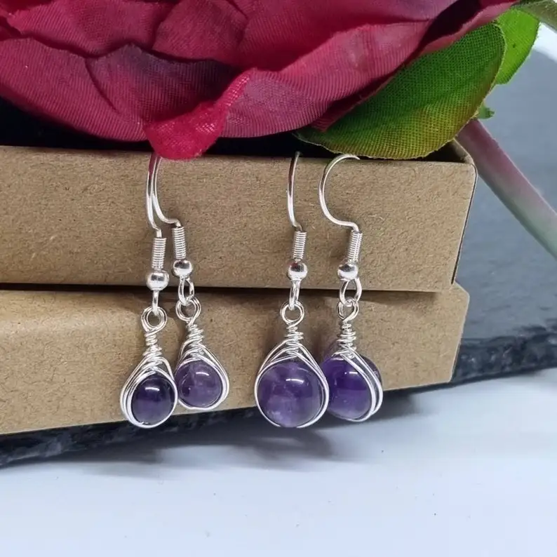 Amethyst Earrings, Wire Wrapped Earrings, 925 Sterling Silver Plated Hooks, February Birthstone