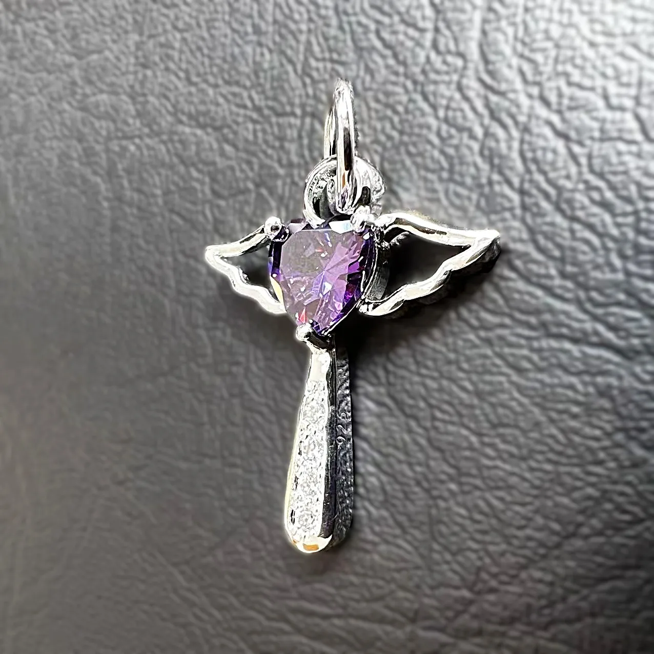 Y2K Plated 925 Silver Latin Angel Wings Cross White Purple Zircon Crystal Pendant Necklace for Girls Women