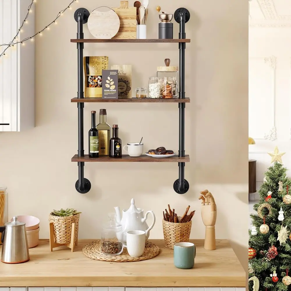 24 Industrial Floating Shelves, Pipe Shelves or Wall, 3 Tier Rustic Wood Wall Shelves or Home Decor, Bedroom, Living Room, Bathr
