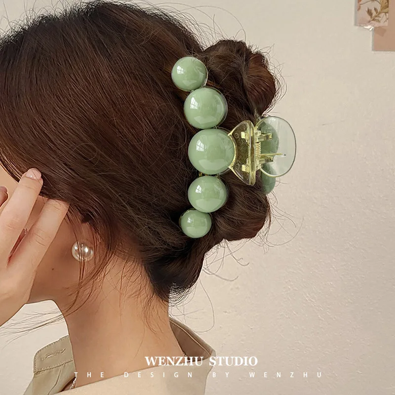 Ruoshui Women Fashion Big and Small Green Pearl Hair Claws Elegant Hair Clips Girls Washing Face Hair Accessories Hairpins