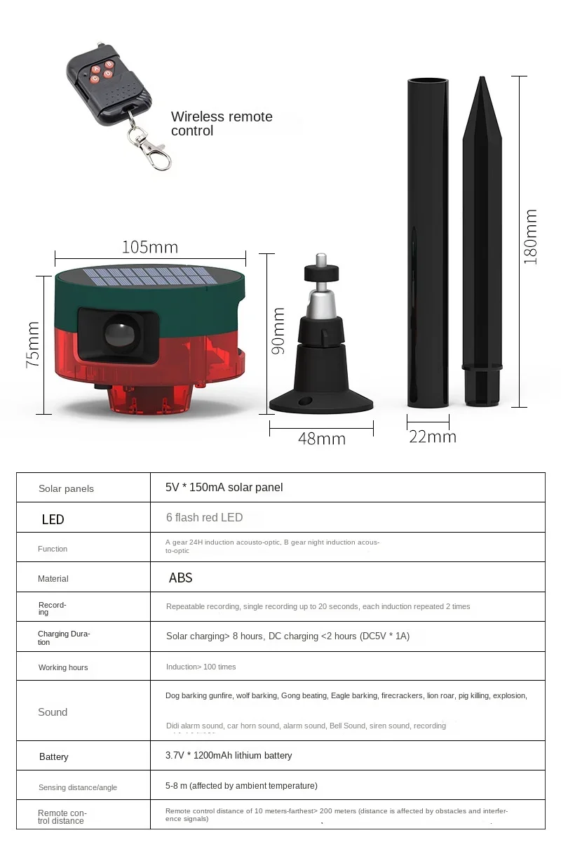 Solar Alarm Warning Light Remote Control Infrared Human Body Sensor Recording Driving Away Animals and Wild Boars 3-sided Sensor