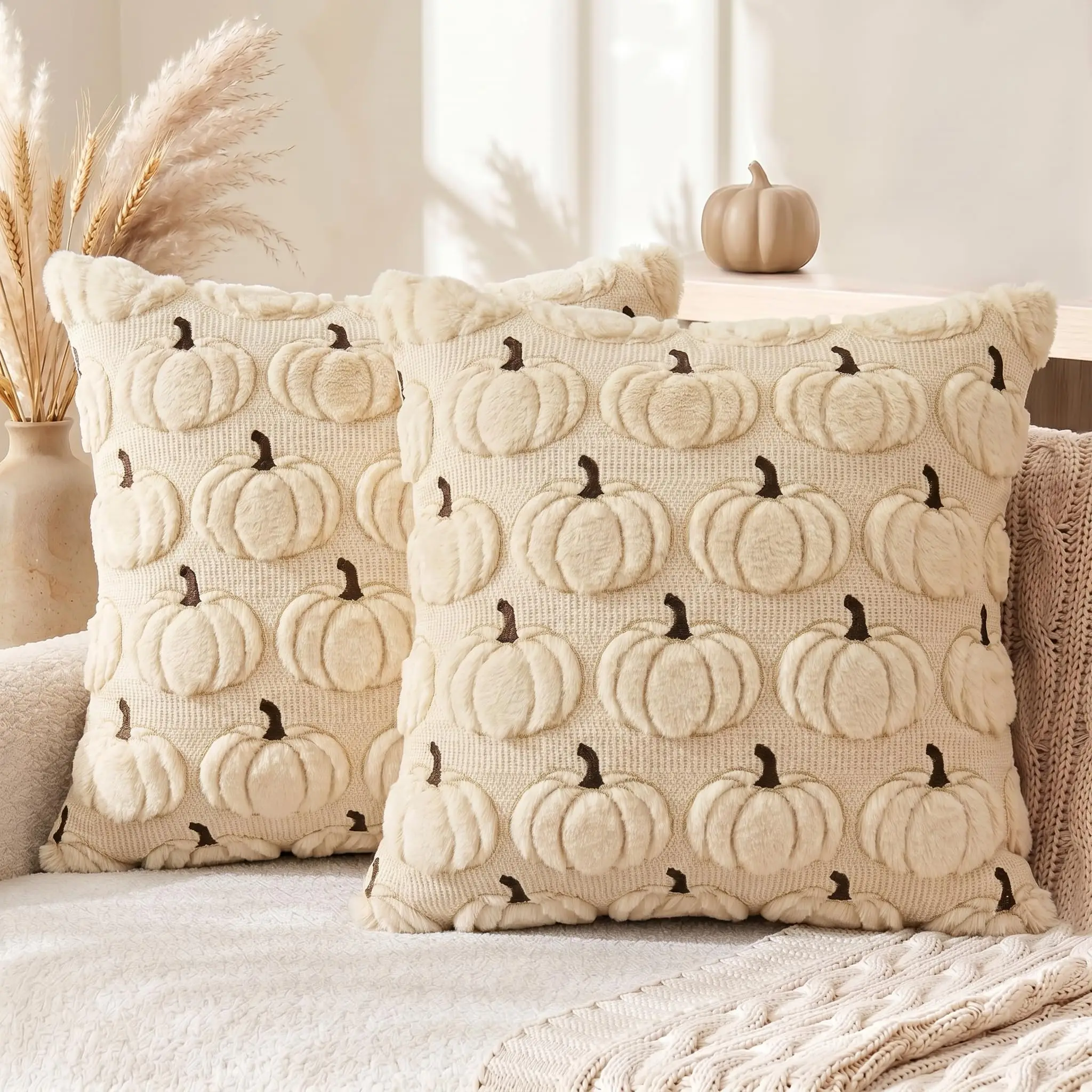 Beige Fall Pumpkin Throw Pillow Covers 18x18 Inch Autumn Harvest Soft Plush Faux Fur Jacquard Embroidered Cushion Case