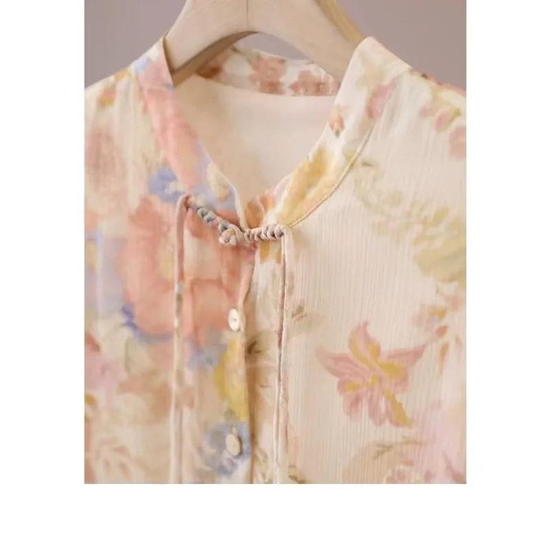 Women's Spring Autumn Turtleneck Floral Printed Lantern Long Sleeve Chiffon T-shirt Button Elegant Cardigan Chinese Style Tops