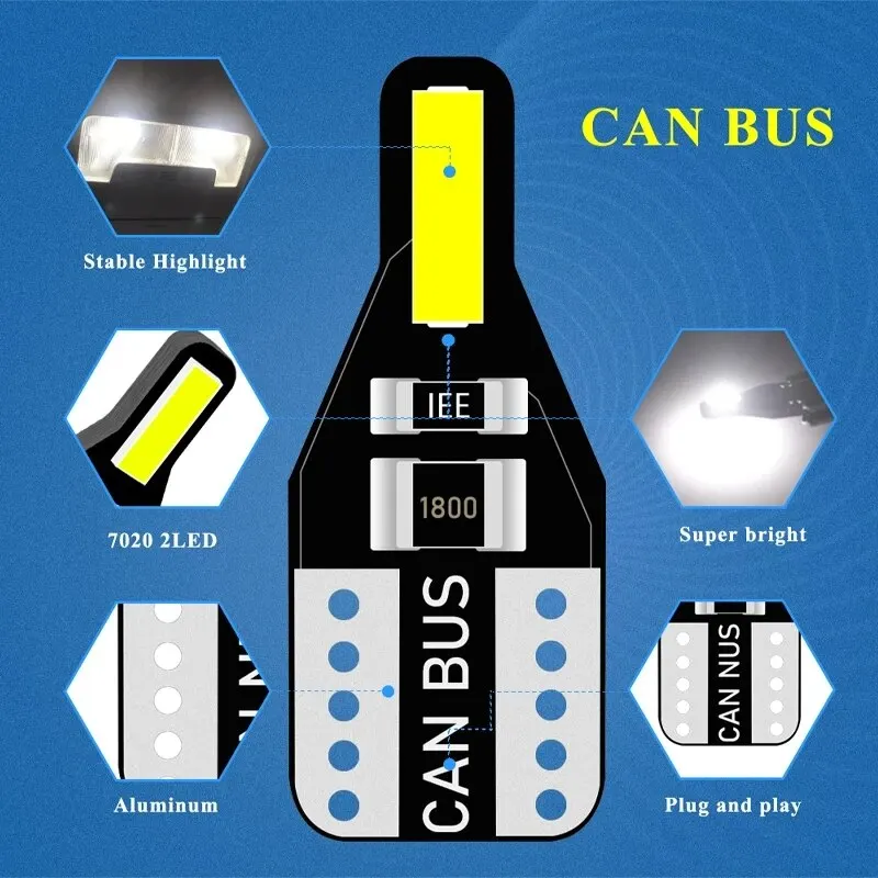 10 PCS T10 W5W LED Canbus Bulb 194 168 7020 Cob 2SMD Car Interior Lights Reading Lamp Wedge Bulb White Error Free