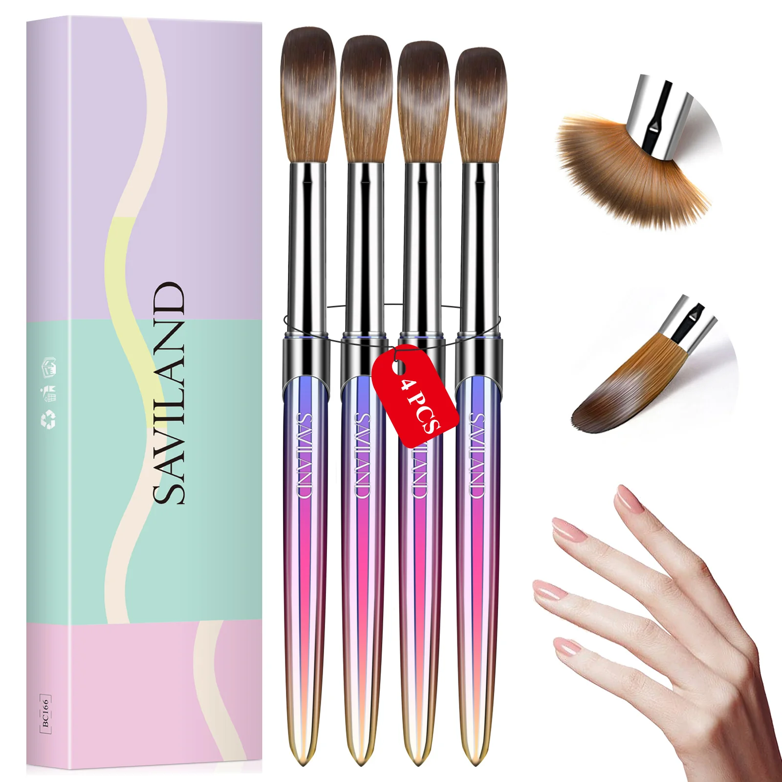 Saviland 4pcs Acrylic Nail Brush Set Professional Nail Brushes Size 10/12/14/16 for Acrylic Application Acrylic Powder Nail Art