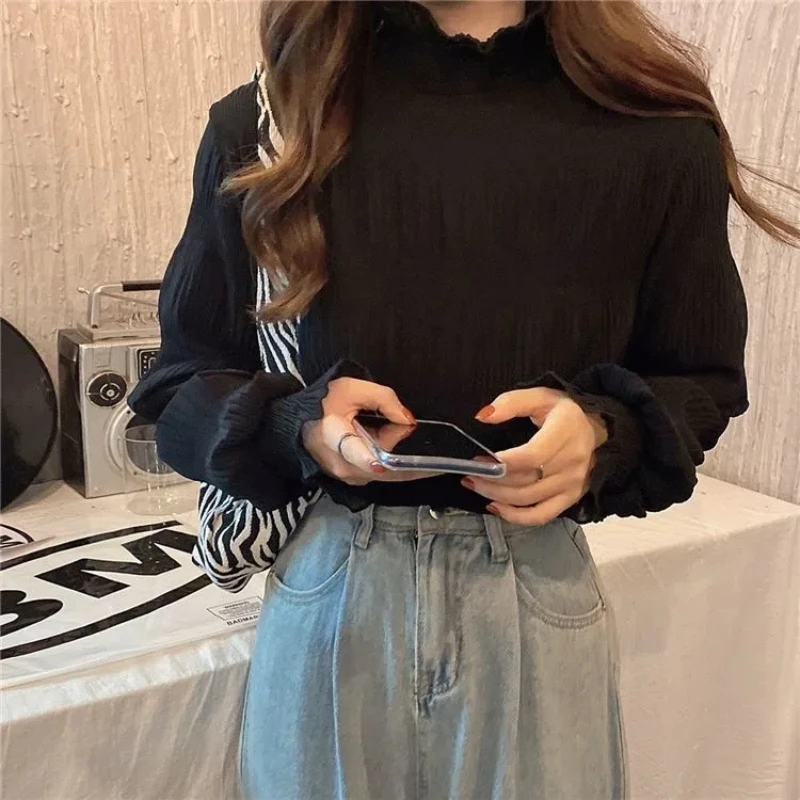 Korean Lace Patchwork Loose Pleated T Shirts Spring Autumn New Long Sleeve Solid Color Elegant Tops Fashion Sweet Women Clothing