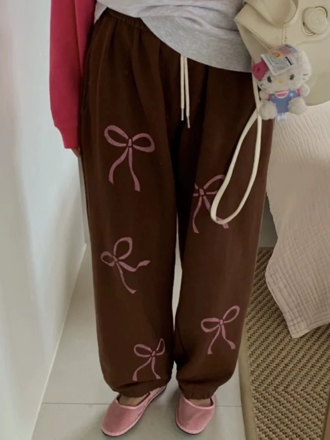 삼색 나비 매듭 프린트 여자 플리스 안감 스포츠 바지 긴 캐주얼 바지 봄 시즌 여성 패션 스트리트 스타일