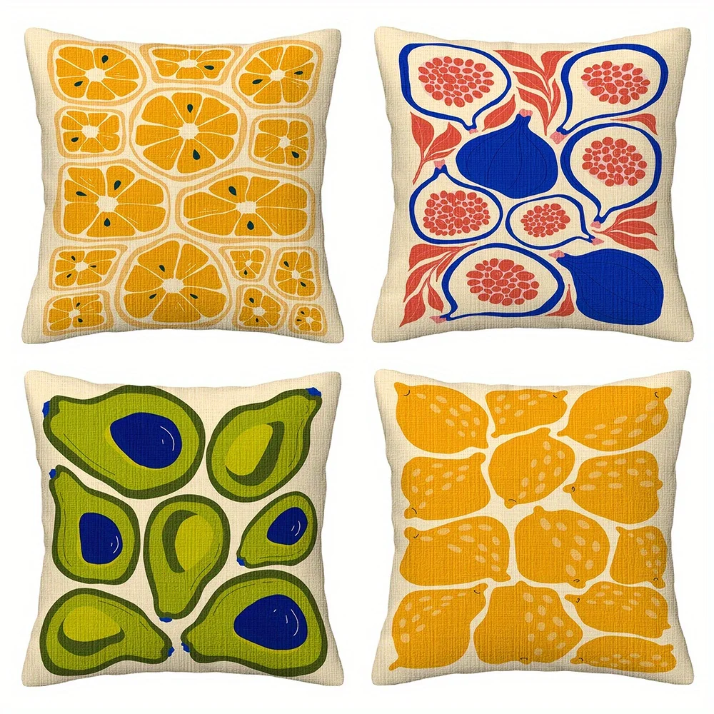 4pcs Retro Fruit Print Throw Pillow Covers, Orange Pomegranate Avocado Lemon Pattern Cushion Cases, Mid Century Modern Decor