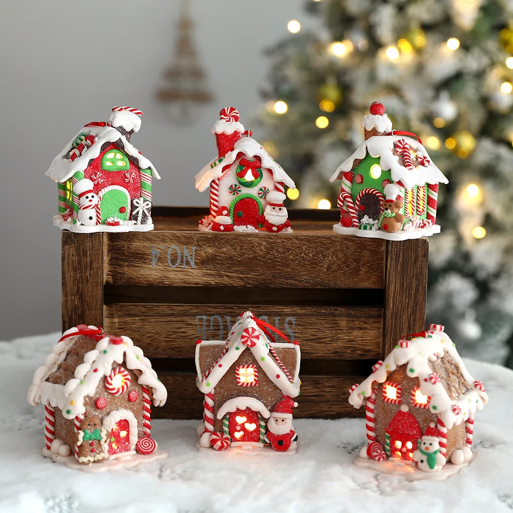 Christmas Theme LED Pendant Snowman Gingerbread Santa Claus Light House Soft Pottery Hanging Tree Home New Year Party Decoration