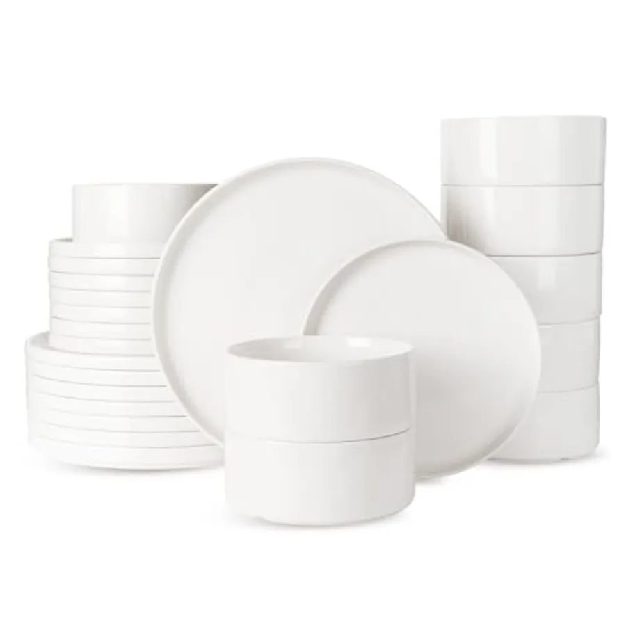 Porcelain Dinnerware Set 24-Piece Modern Plate and Bowl Set for 8 Microwave and Dishwasher Safe Tableware White
