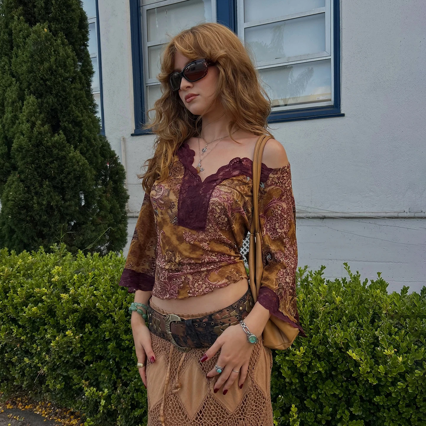 Vintage Boho Floral Print Off Shoulder Top Women Lace Trim V Neck Flare Sleeve Hippie Y2K Blouse 2026 Autumn Fashion Clothes New