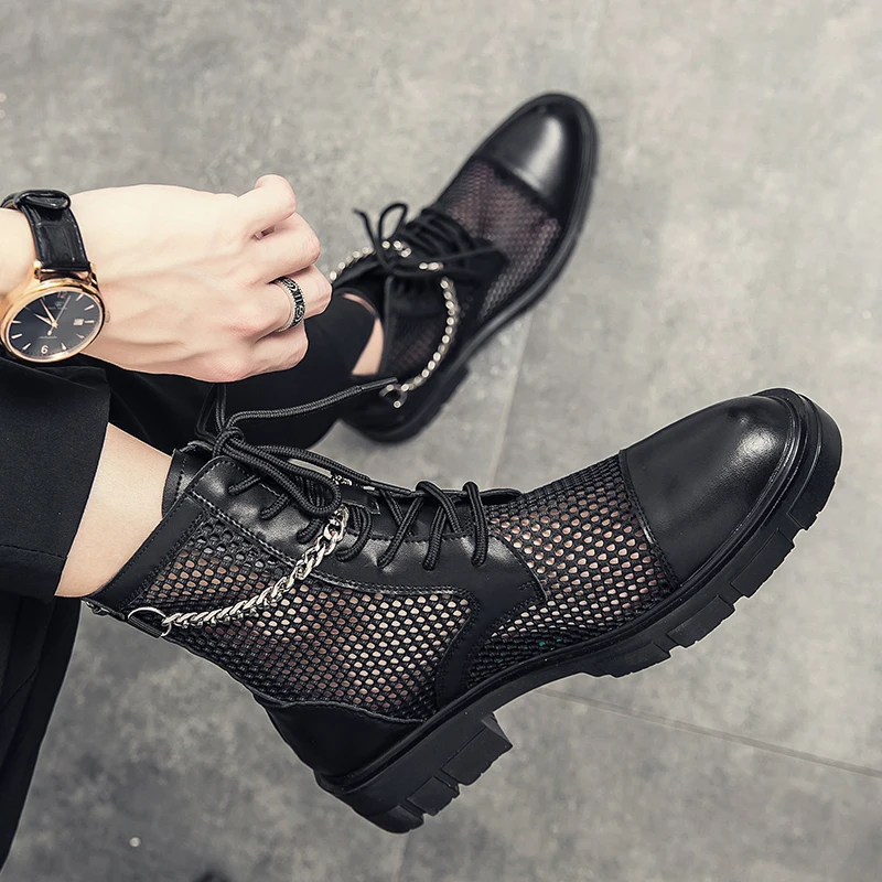 Men's Motorcycle Boots Black Mesh Lace-Up 2022 New Punk Chain Gothic Women's Ankle Boots Platform Shoes Women Summer Boots Male