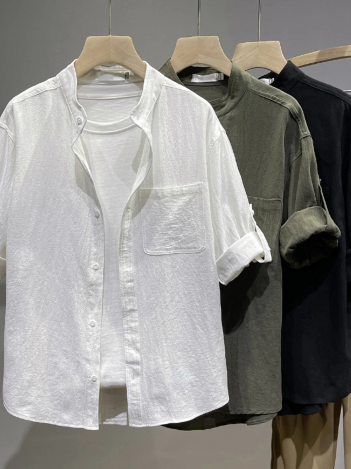 

Linen Cotton Blend Men's Summer irt Thin Five-Quarter Sve Casual Loose Fit Trendy Youthful Sle Color-Woven Fabric