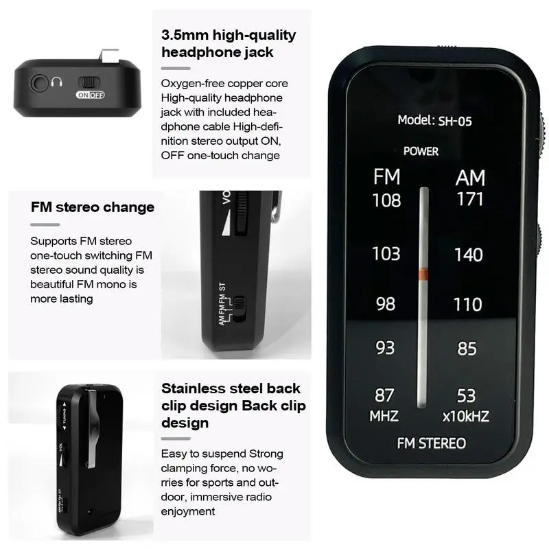 راديو ستيريو FM للجيب يعمل بالبطارية على الموجات القصيرة راديو جيب FM راديو محمول للطقس راديو ترانزستور ستيريو مع ظهر
