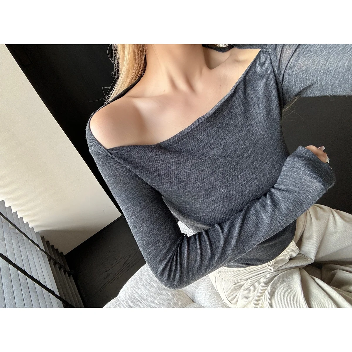 

Топ с квадратным вырезом из смесовой шерсти с эффектом похудения, универсальный базовый элемент гардероба, мягкий шерстяной трикотаж, матовый, с длинными рукавами