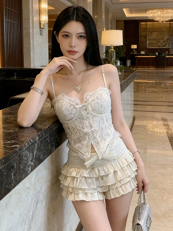 

2026 Spring Season Unique Beautiful Lace Strap Vest f Skirt Two-Piece Set Women's Faion Casual Wear High Waist V-Ne ...