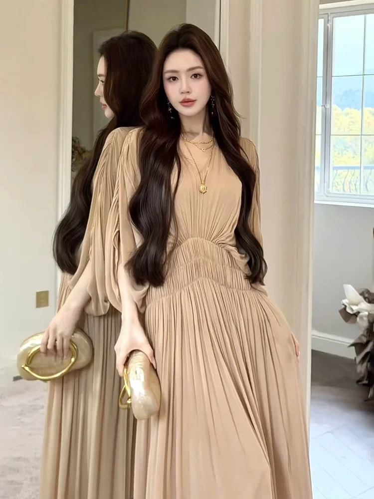 

Stazf7 Women's Summer Vintage Batwing Sleeve Long Dress Yumei Soft Wind Pleated Waist Cinching Maxi Dress City Commute Date