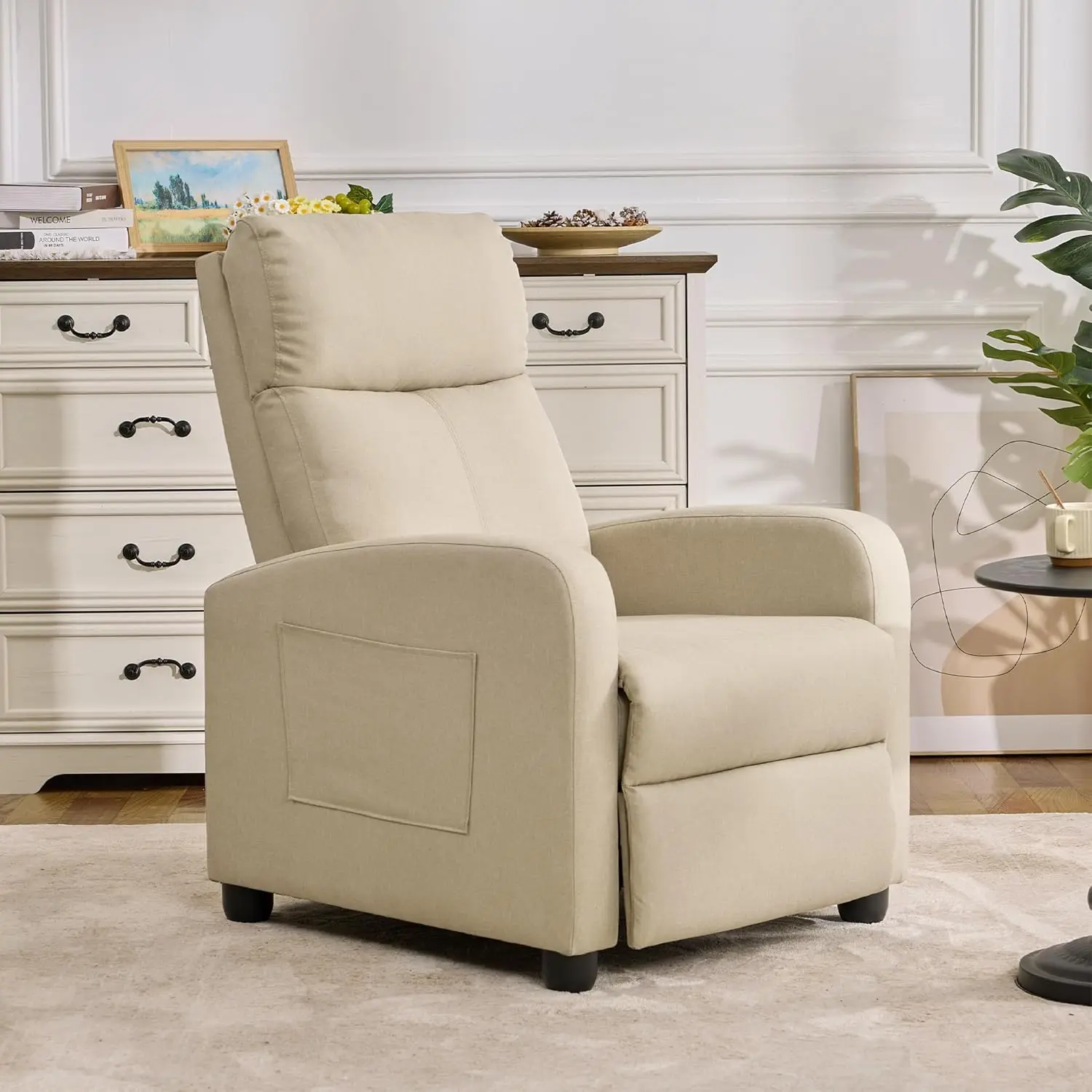 Modern Adjustable Recliner Chair Single Sofa Manual Push Back Soft Linen High Backrest Small Space Living Room, Customized