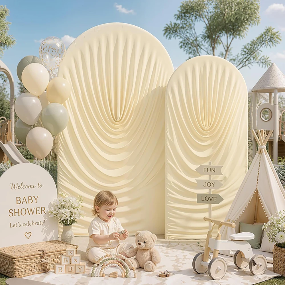 Weiße, drapierte Bogenabdeckungen, dehnbarer, passgenauer runder Bogenständer Chiara für Hochzeits-Hintergrunddekoration, Geburtstags-, Braut- und Babyparty-Deko – Detail 19