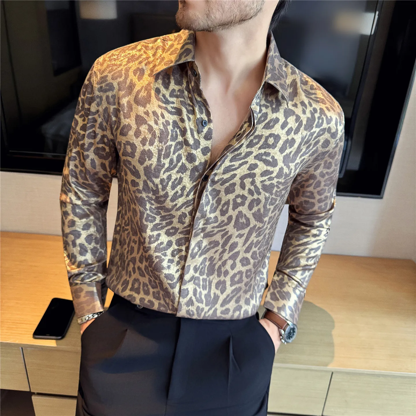 Luxury Gold Leopard Print Shirt Men Autumn 2025 High-quality Long Sleeved Casual Business Shirt Social Banquet Party Costumes