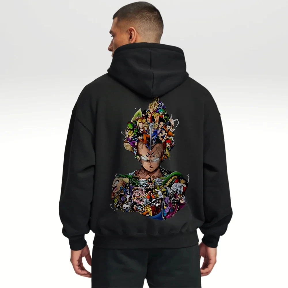 

Dragon Ball Z Vegeta Hoodie Black Cotton Anime Cosplay Pullover with Multiple Character Group Print and Battle Scars Design