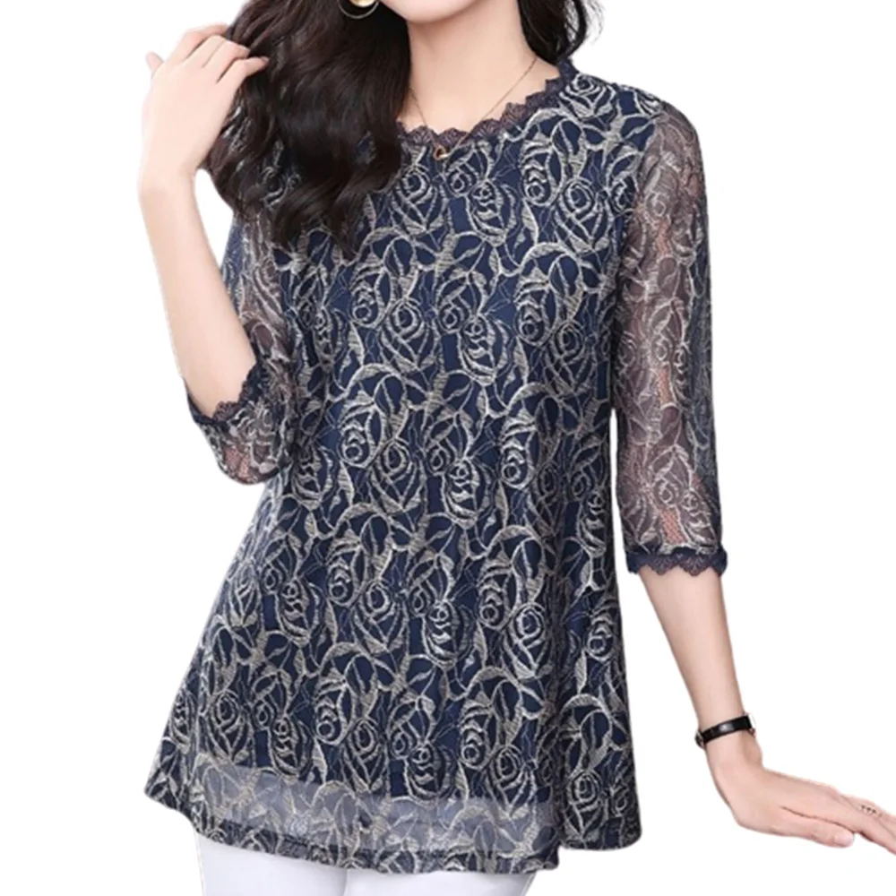 Elegant Fashion Printed Hollow Out Lace Gauze T-shirt 2023 Summer Three Quarter Sleeve O-Neck Loose Pullover Tops Women Clothing